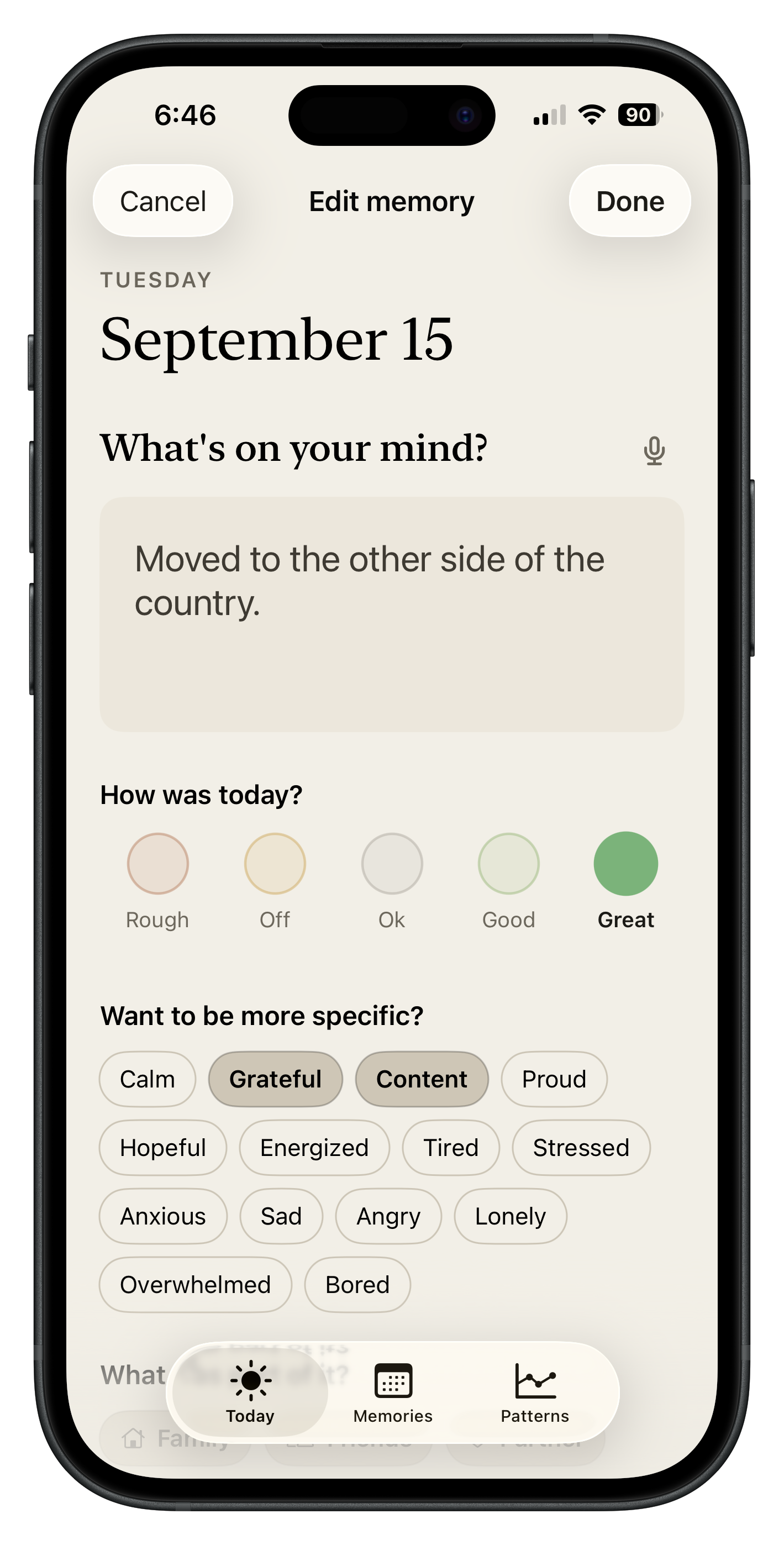Memories daily entry editor with mood and feeling selections.