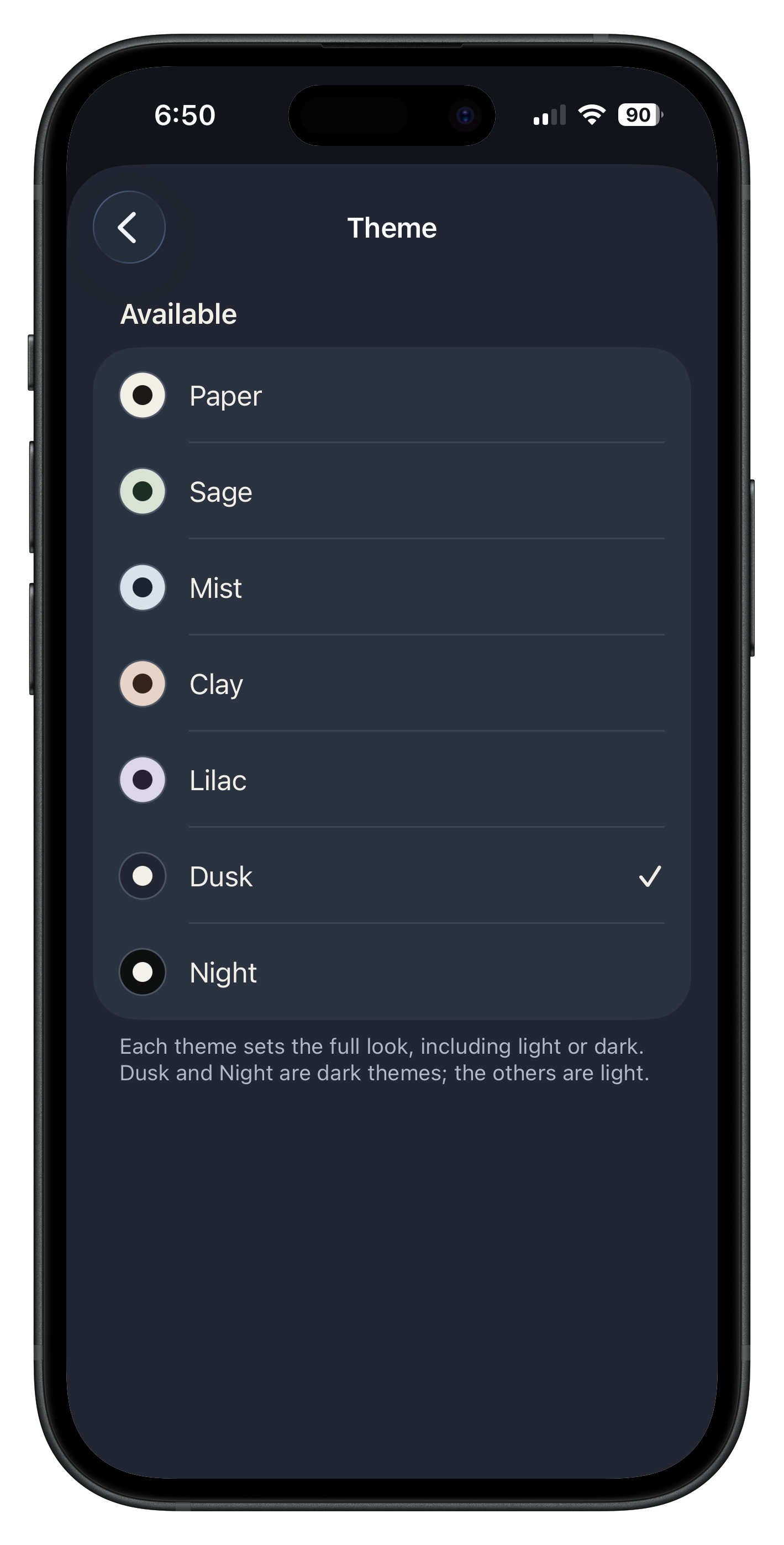 Memories theme picker showing Paper, Sage, Mist, Clay, Lilac, Dusk, and Night.